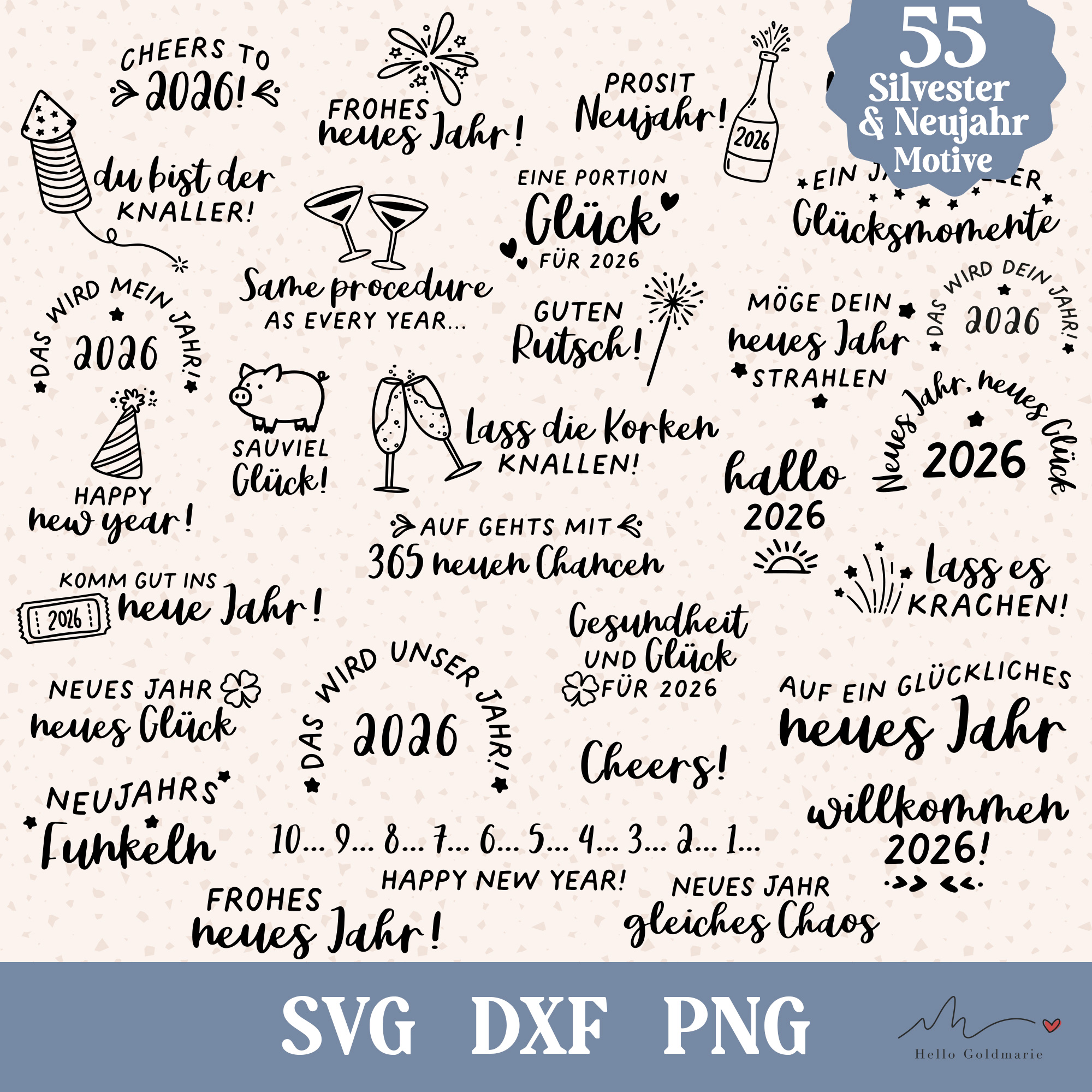 Plotterdatei Silvester Neujahr – Bundle mit 55 Motiven (SVG, DXF, PNG)