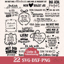 Plotterdatei Liebe und Valentinstag – Bundle mit 22 Sprüchen (SVG, DXF, PNG)